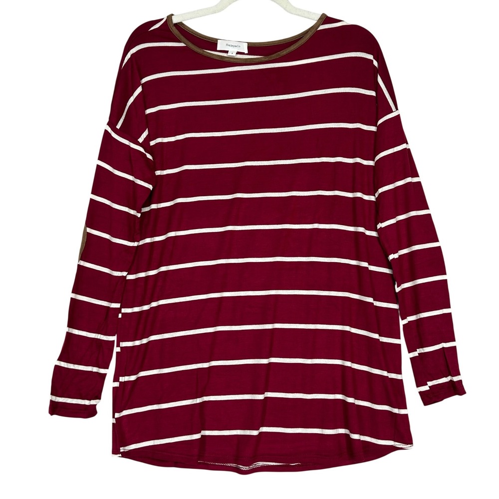 Hailey & Co Red Long Sleeved Blouse White Stripes Brown Elbow Patch Women S NWOT